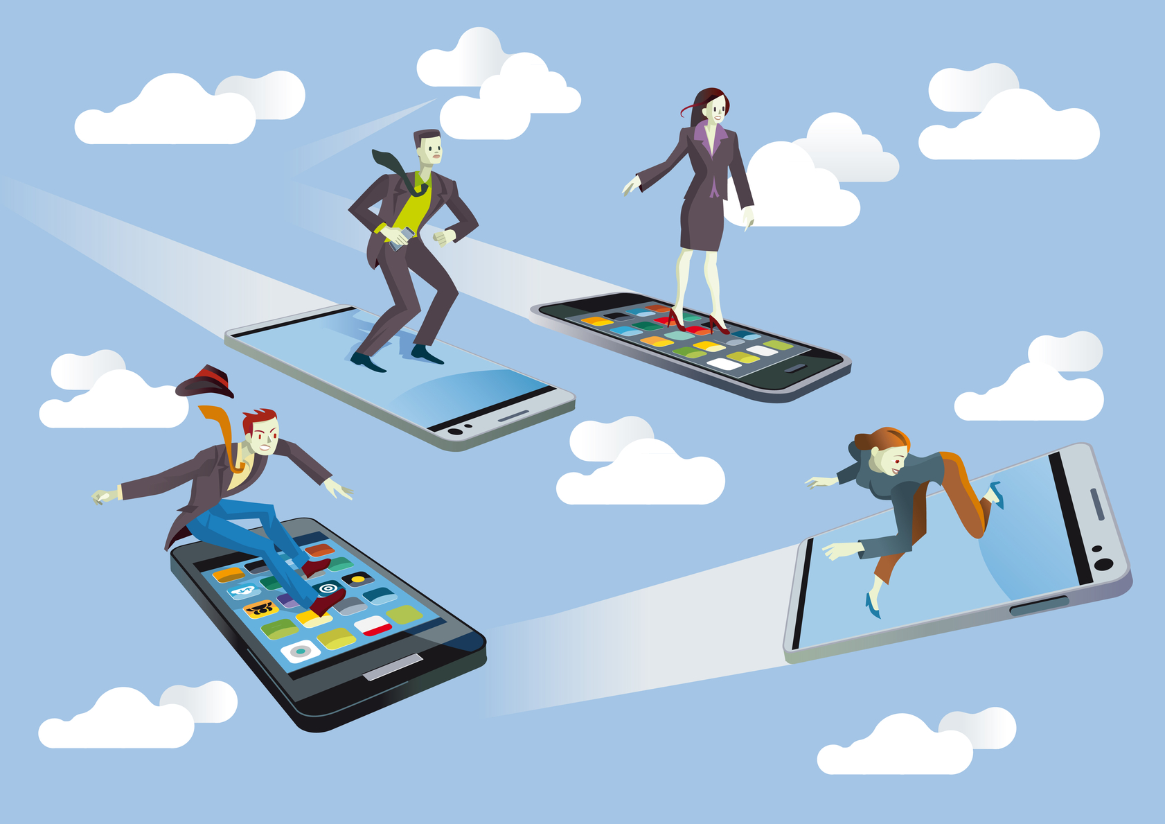 Business people with Flying smartphones